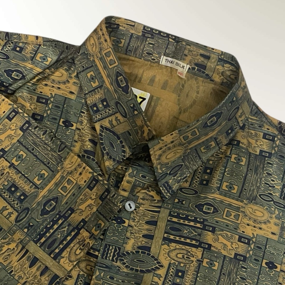 Vintage Thai Silk Mens Button Shirt Size‎ 2XL Ethnic Geometric Print Beige Green